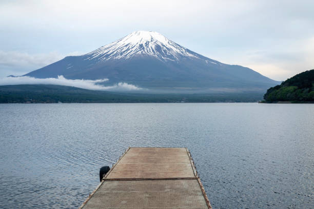 Mount Fuji view with pier at Lake Yamanaka