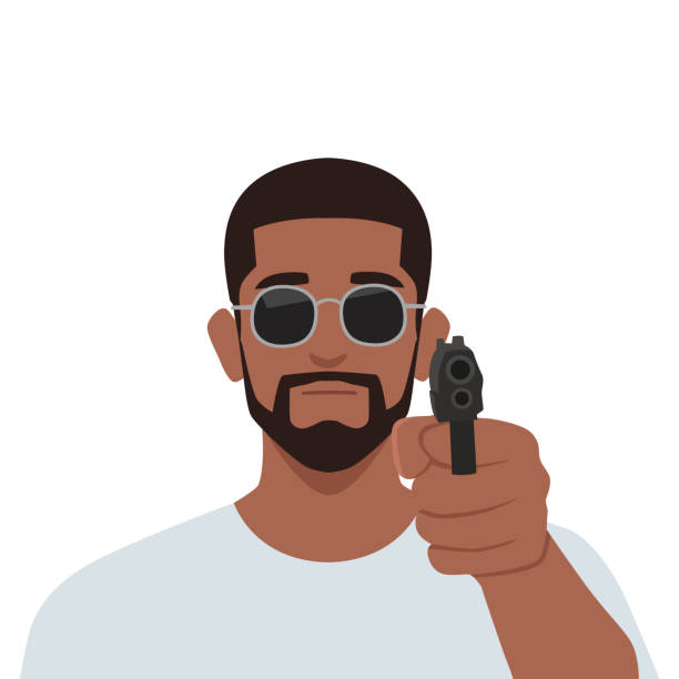 Young man with a gun. Pointing a gun wearing sunglasses. Young man with a gun. Pointing a gun wearing sunglasses. Flat vector illustration isolated on white background background of the cool guy wearing sunglasses stock illustrations