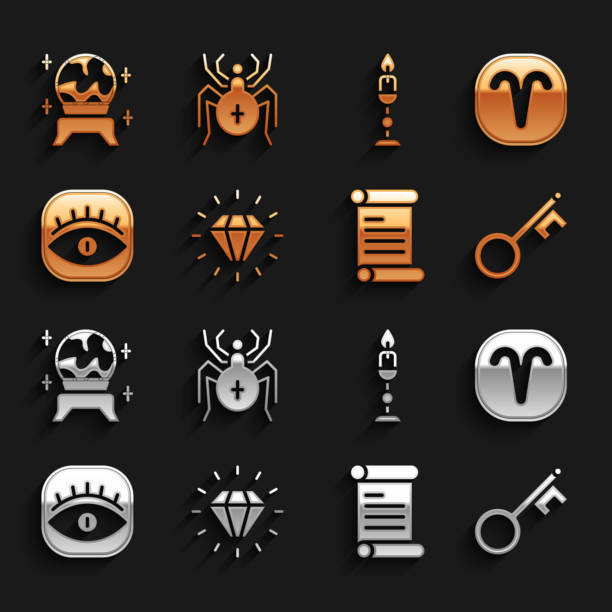 Set Diamond, Aries zodiac, Old key, Decree, parchment, scroll, Masons, Burning candle, Magic ball and Spider icon. Vector Set Diamond Aries zodiac Old key Decree parchment scroll Masons Burning candle Magic ball and Spider icon. Vector. providence house stock illustrations