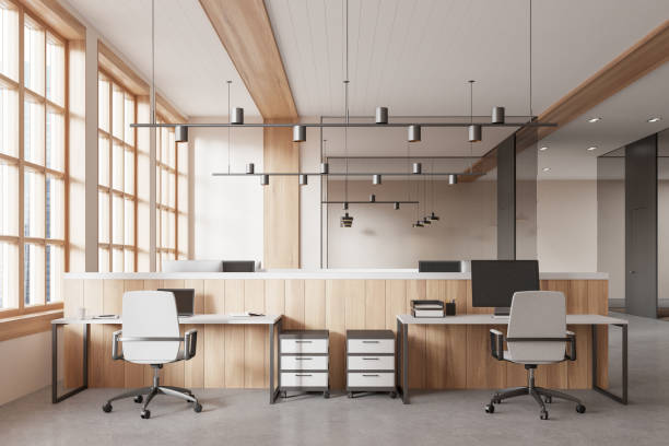 istock White and wooden open space office interior 2156733872