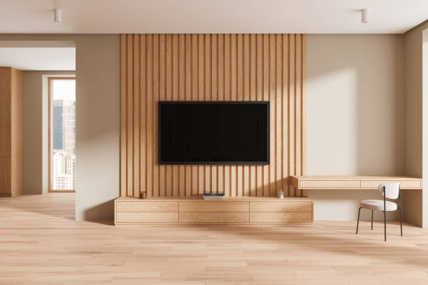 istock Wooden hotel interior with workspace, tv display and panoramic window 2156735005
