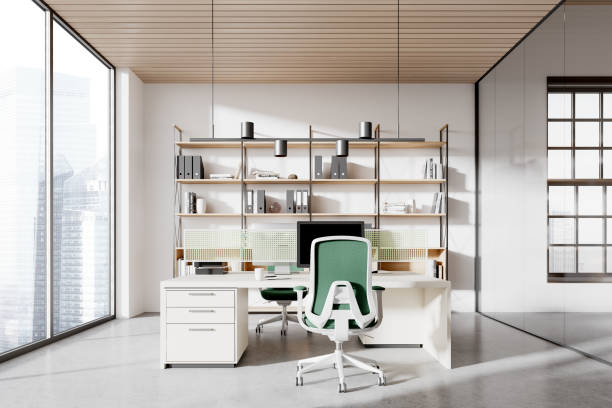 istock Minimalist coworking interior with pc monitors and armchairs, panoramic window 2156735155