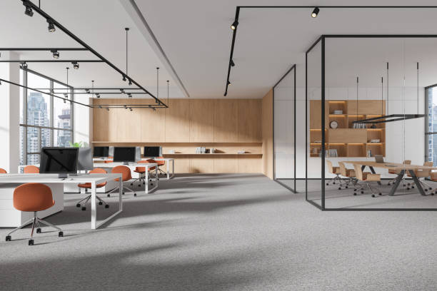 istock Stylish office interior with coworking and conference room with panoramic window 2156735671