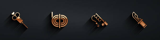 istock Set Syringe, Climber rope, Fishing rod and Hunter knife icon with long shadow. Vector 2156735798
