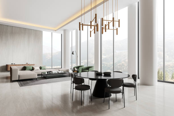 istock Modern home living room interior with eating table and couch, panoramic window 2156735837