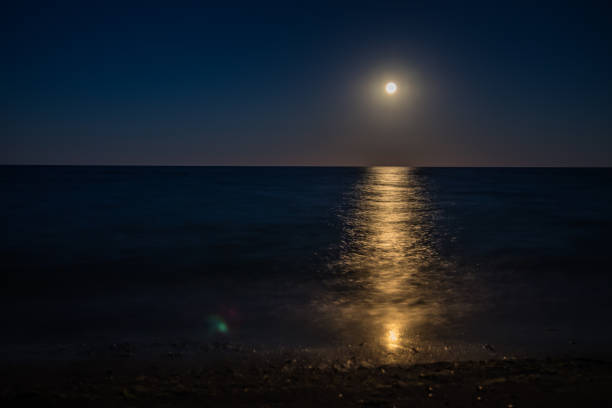 The full moon illuminates the night sky over the ocean, casting a beautiful glow on the water and creating a serene atmosphere