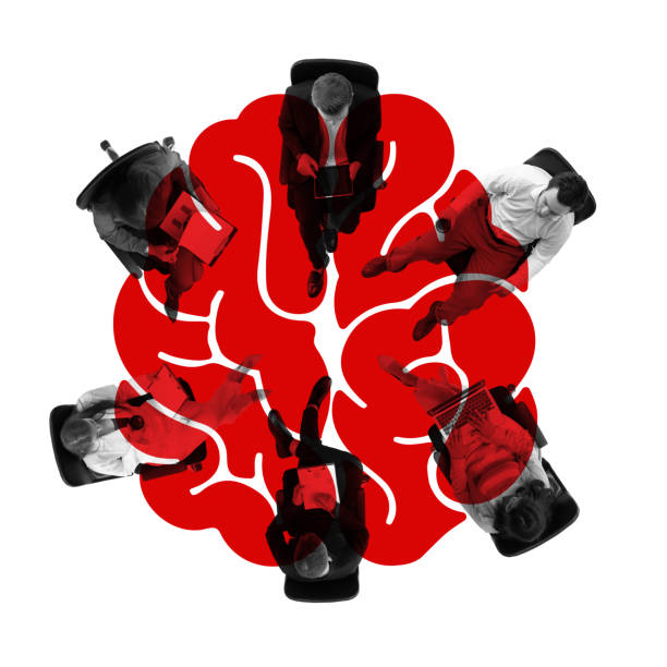 istock Group of employees sitting in circle and working on projects, leading discussing and brainstorming session. Contemporary art collage. 2156746146