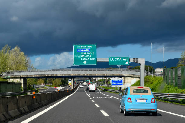 Sestri Levante, Genoa, Liguria, Italy - 04 02 2024: The Firenze-Mare motorway (A11) connects Florence to the Tyrrhenian coast, crossing the Arno river plain, the plain of Prato and Pistoia and the plain of Lucca.