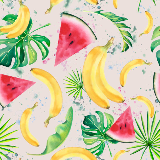 istock Seamless pattern of watermelon and banana, palm branches and monstera. Watercolor drawing with pink and green spots. Juicy slices of watermelon and tropical plants. Hand-painted illustration. 2156748418