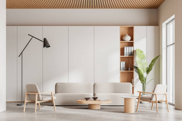 istock Wooden ceiling office waiting room interior with couch 2156748667