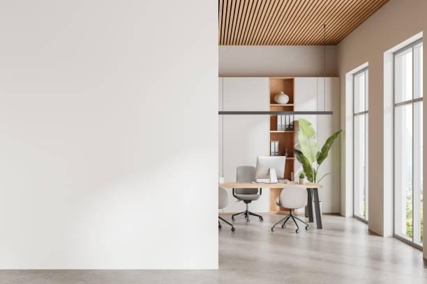 angolo ufficio open space bianco con parete bianca - ufficio foto e immagini stock