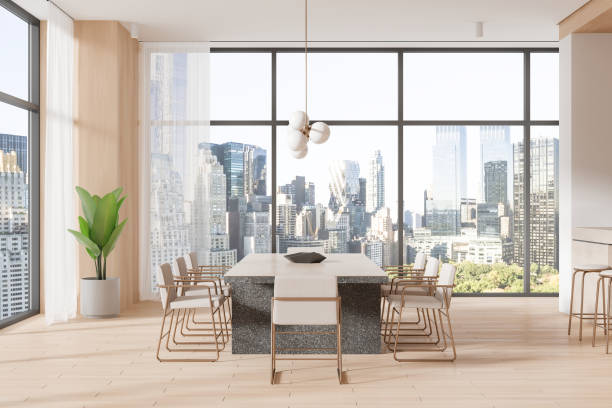 istock Luxury home kitchen interior with dining table and bar island, panoramic window 2156749600