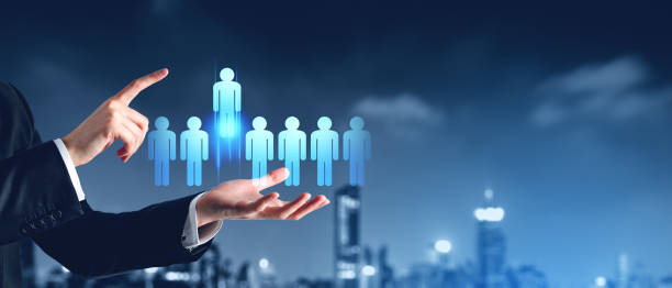 istock Man finger touch virtual screen with human resources, personnel 2156749658