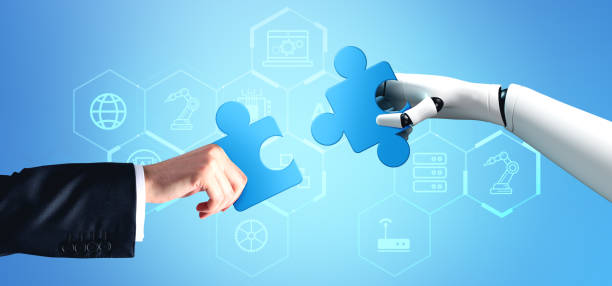 istock Human and robot connect two puzzles, AI hologram with icons 2156749735