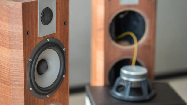 istock Audio system with the speaker removed, revealing internal wiring and components. 2156750217