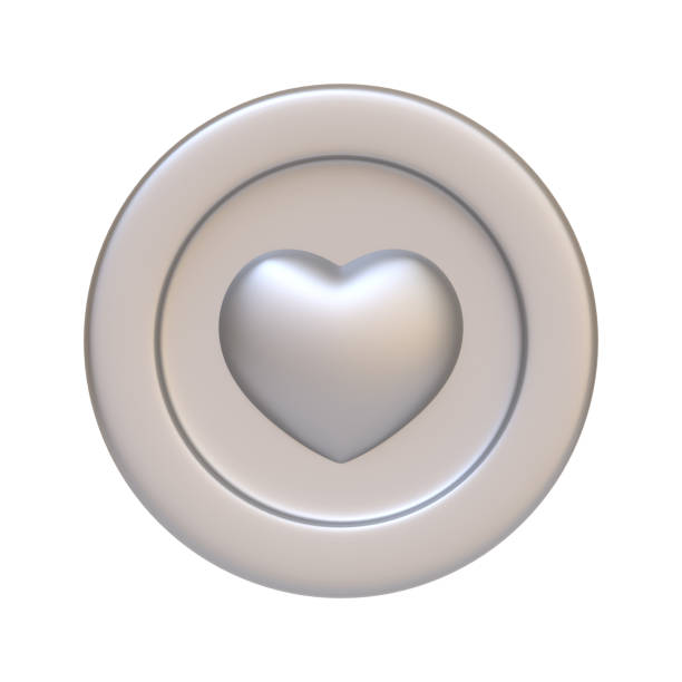 Silver coin with heart isolated on white background. 3D icon, sign and symbol. Cartoon minimal style. Front view. 3D Render Illustration