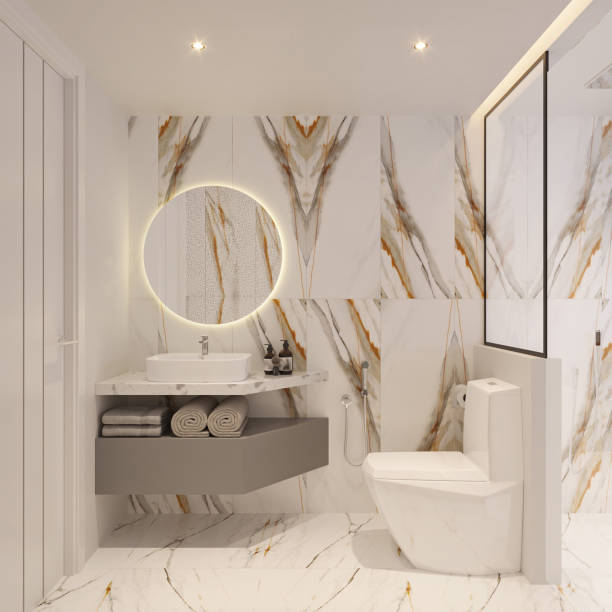 istock Tile bathroom interior design. Bath and sink for washing 2156752023