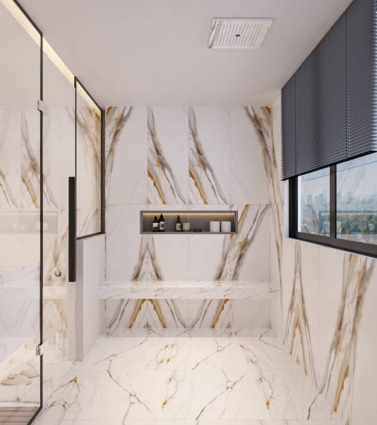 istock stylish modern bathoom with white marble tiles wall and floor 2156752071