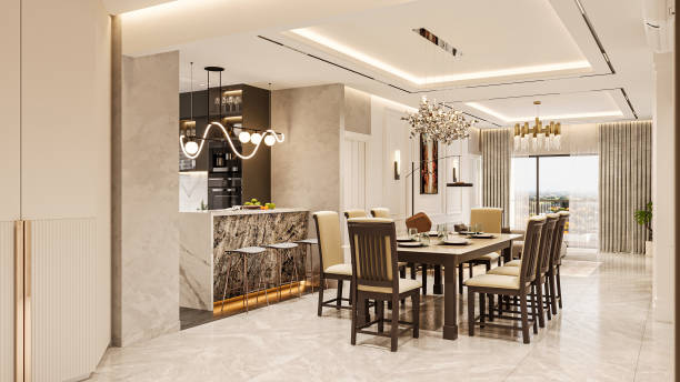 istock Elegant contemporary dining area in a luxury home with large windows, inviting sun light and tasteful decor 2156752181