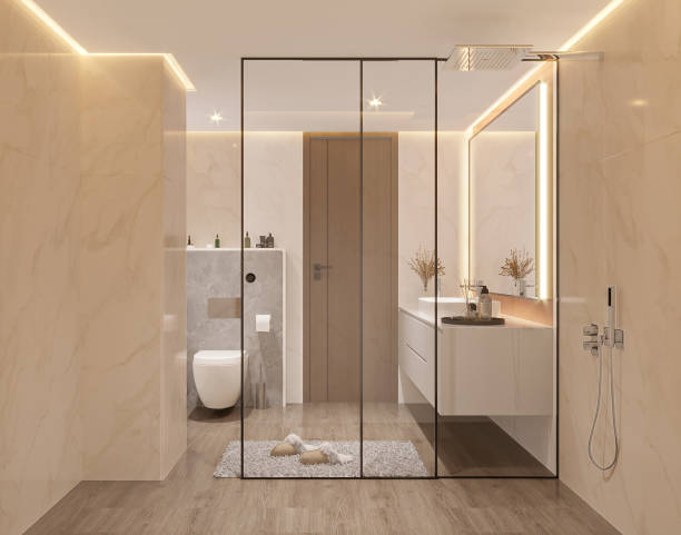 istock Bathroom interior with a shower booth and a sink 2156752183