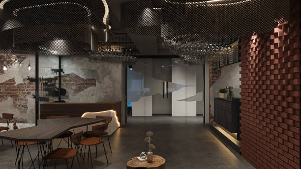 istock Interior concept for a cozy and dark restaurant built-in concrete and brick wall 2156752290