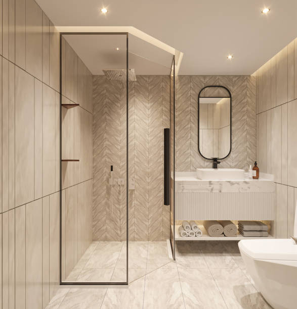 istock modern bathroom design with tiles marble and shower corner covered with glass 2156752297
