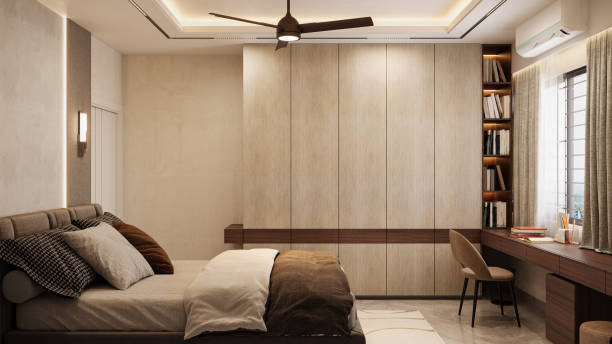 istock Bedroom Design in minimalist style, a bed, corner bookshelf with study desk 2156752646