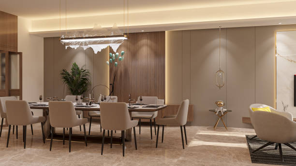istock Glamorous Dining Room with Gold Accents, LED modern Chandeliers, and Luxurious Table Settings. 2156753344