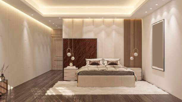 istock interior of modern bedroom feature parquet flooring, white wall paint, and bed 2156753376