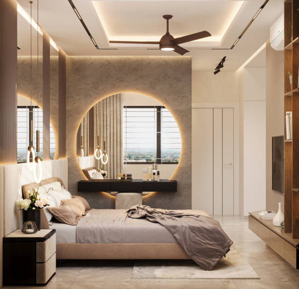 istock Chic bedroom with modern lighting and cozy bed, full circle mirror with rack and stool 2156753377