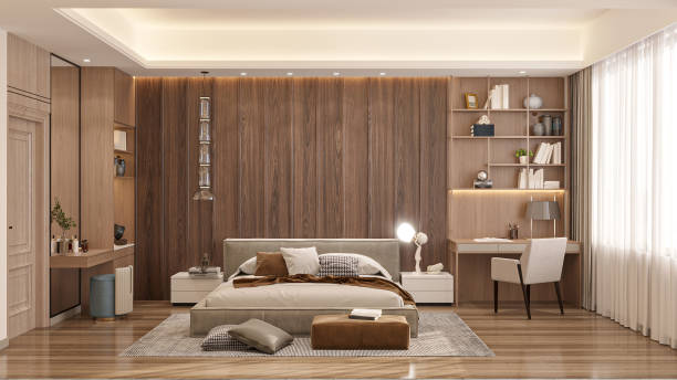 istock Beige bedroom interior with bed and stylish decoration, dressing table and mirror 2156753389