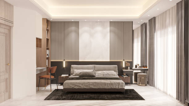 istock Luxury bedroom in light colours with a big comfortable double royal bed and seamless decor 2156753424