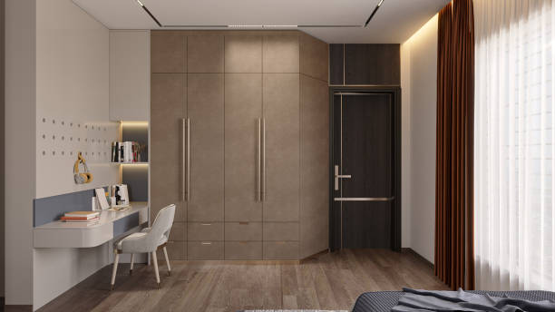 istock modern child room features with hardwood floor, study table, and wooden wardrobe. 2156753450