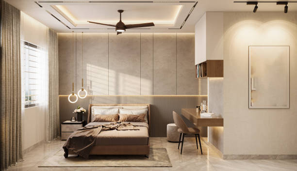 istock Stylish bedroom interior with bed and shelf with study table and minimal decoration 2156753462
