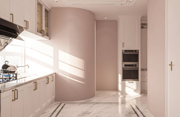 istock Minimal kitchen in a modern apartment, pink and white theme into the interior design 2156753605