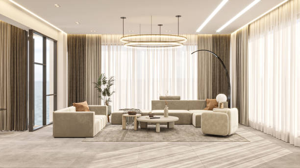 istock Simple living room interior with window and beautiful couch, pillows, rug and other items. 2156753899