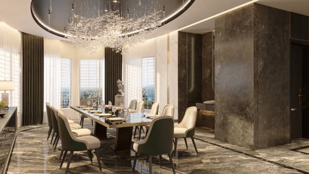 istock Interior design of modern dining room with functional furniture. 2156754076