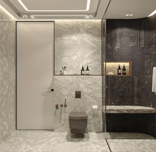 istock Sleek grey marble bathroom with LED lighting, double vanity, and freestanding tub. 2156754123
