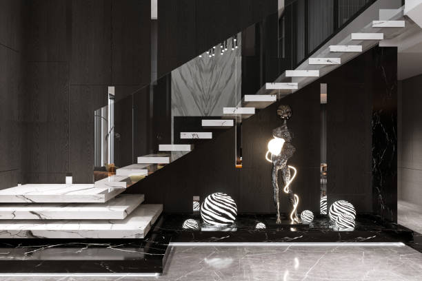 istock interior of a duplex house staircase with glass railing and white marble artwork stair 2156754162