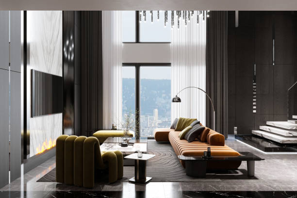 istock Modern living room interior design, loft and stylish couch. Sunny day view from window 2156754169