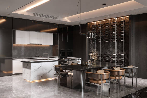istock Side view on the luxury dining table and chairs in stylish kitchen room interior with black and white tone 2156754178