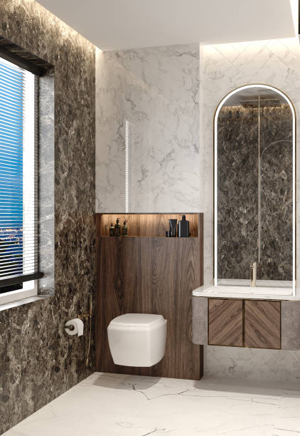 istock Minimalist bathroom design with marble walls and flooring 2156754241