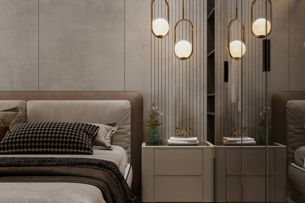 istock Loft Interior Design Background. Contemporary Bedroom. LED light hanging bed corner 2156754244