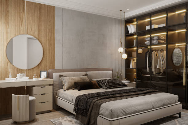 istock Sleek Retreat Modern minimalist bedroom featuring a chic wardrobe. Tranquil vibes meet functional design 2156754252