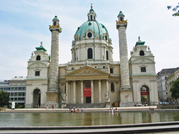 Front view of The Karlskirche (Church of St. Charles) with pool of water for foreground as seen in Vienna.