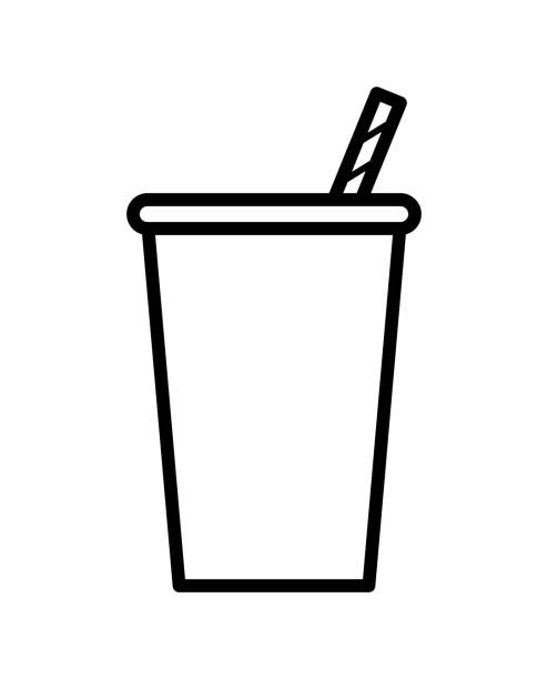Black Outline Soda Soft Drink Cup with Straw in Flat Icon Vector Illustration Paper cup icon in black line. A cup with straws for soda, juice or cold beverage. Hand drawing cartoon animated ice cup Isolated on transparent background. Drink icon. Fast food. Vector illustration glass of milk transparent background stock illustrations