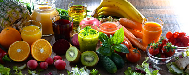 istock Glasses with fresh organic vegetable and fruit juices 2156768033