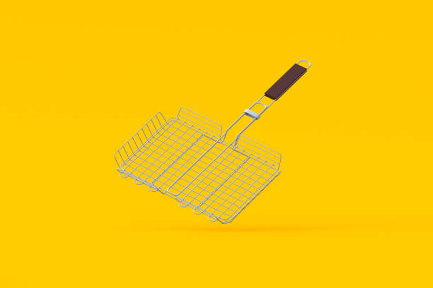 Falling grate for grill on orange background. BBQ basket. Picnic or tourist equipment. 3d render