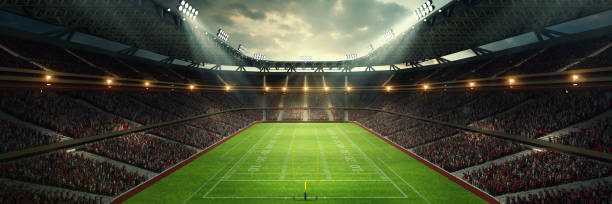 istock Game Day Atmosphere. Wide angle view on 3D football stadium during match, with stands packed with fans. Open air game 2156769231