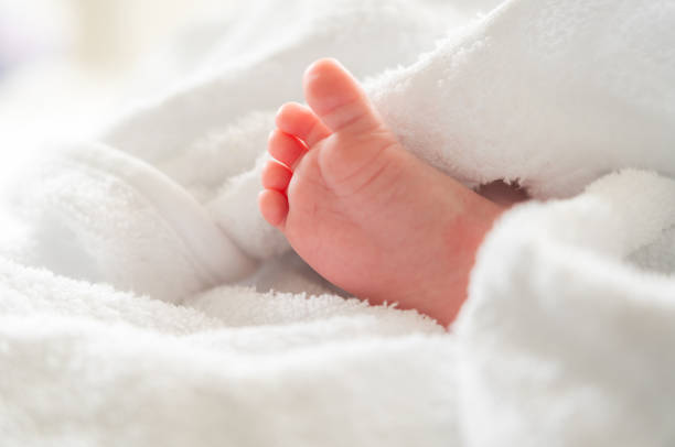 Baby. the legs of the infant, the newborn foot. Child.